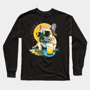 French Bulldog Clipart with Sunglasses Drinking Lemonade, Summer Vibes Long Sleeve T-Shirt